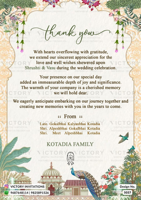 A floral and bird-themed wedding thank you card from Victory Invitations, featuring a central message of gratitude in elegant script and serif fonts, framed by decorative borders with flowers, peacocks, and a domed building illustration.