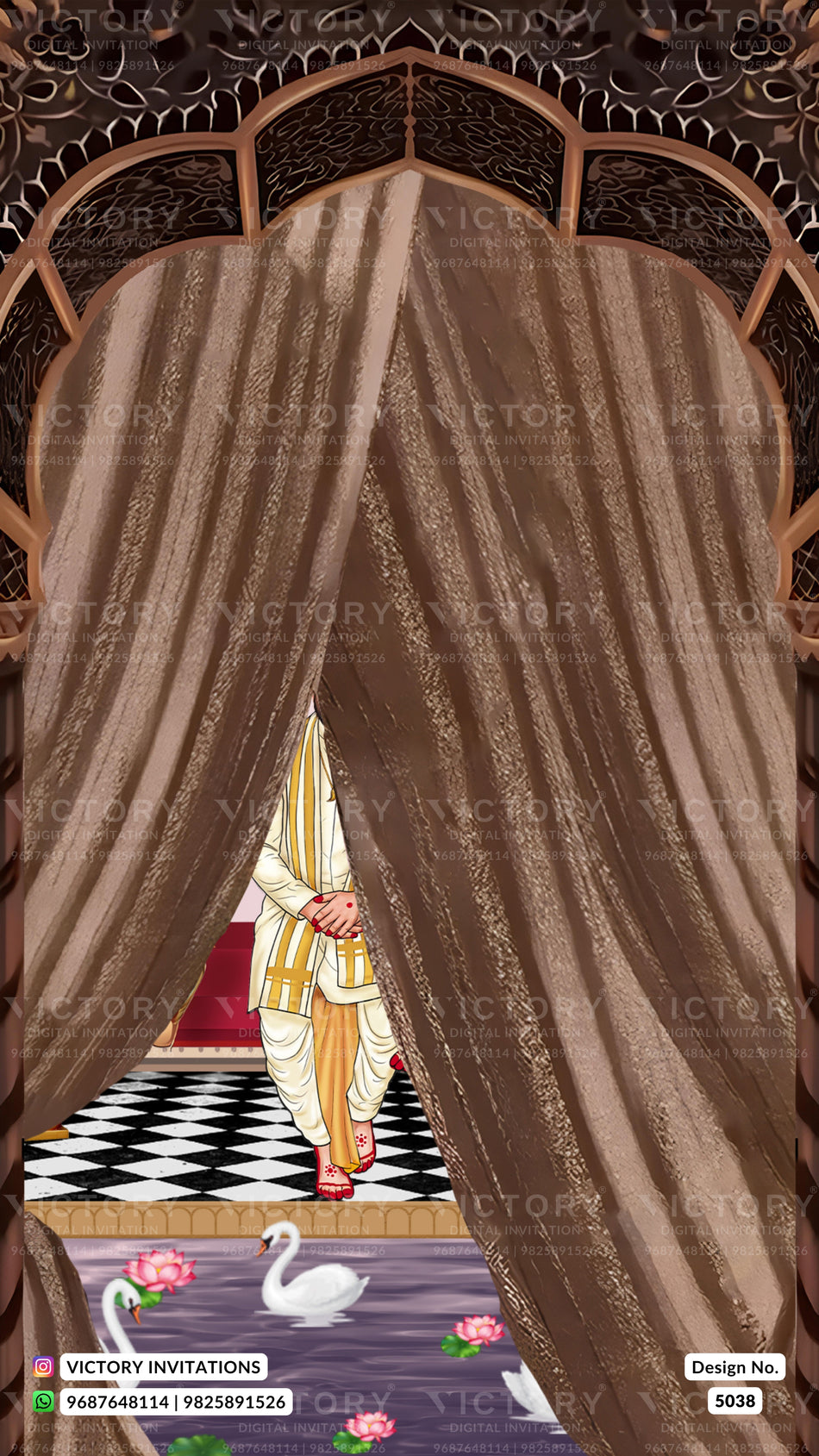A traditional Indian wedding invitation card design featuring a brown draped curtain, an ornate carved wooden arch, a bride in a white and gold sari, a black and white checkered floor, and two white swans in a purple pool with pink lotus flowers.