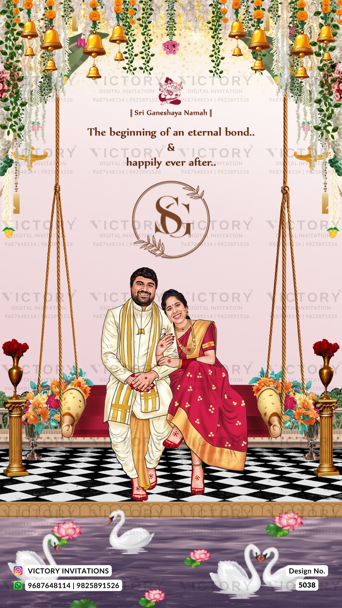A digital preview of a custom Indian wedding invitation card featuring a couple seated on a traditional hanging swing (gondha) with a black and white checkered floor, hanging bells, and floral decorations. The card includes text celebrating the beginning of an eternal bond and has 'VICTORY INVITATIONS' watermarks.