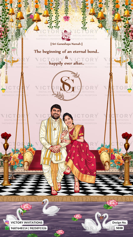 A digital preview of a custom Indian wedding invitation card featuring a couple seated on a traditional hanging swing (gondha) with a black and white checkered floor, hanging bells, and floral decorations. The card includes text celebrating the beginning of an eternal bond and has 'VICTORY INVITATIONS' watermarks.