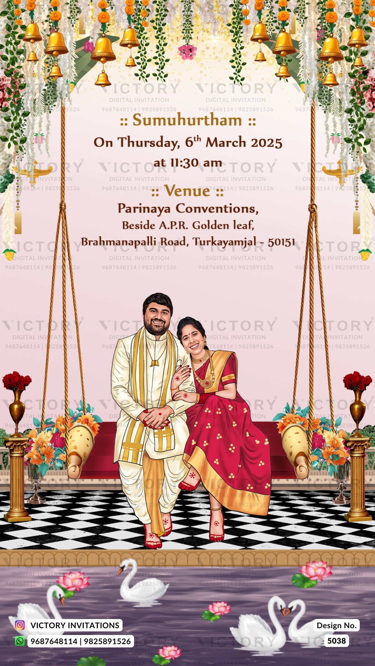 A digital Indian wedding invitation card featuring a traditional wedding scene with a bride and groom on a decorated swing bench. The top section contains event details in English, and the bottom section depicts a pond with swans and lotus flowers.