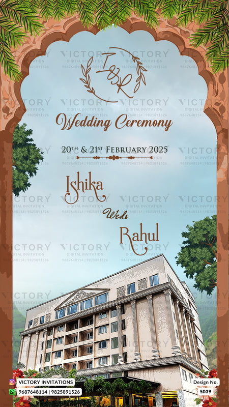 A digital wedding invitation card design featuring a scenic photo of a hotel, an arched frame with decorative foliage, and text celebrating a wedding ceremony on 20th & 21st February 2025 between Ishika and Rahul. Watermarks for 'Victory Invitations' are visible across the image.