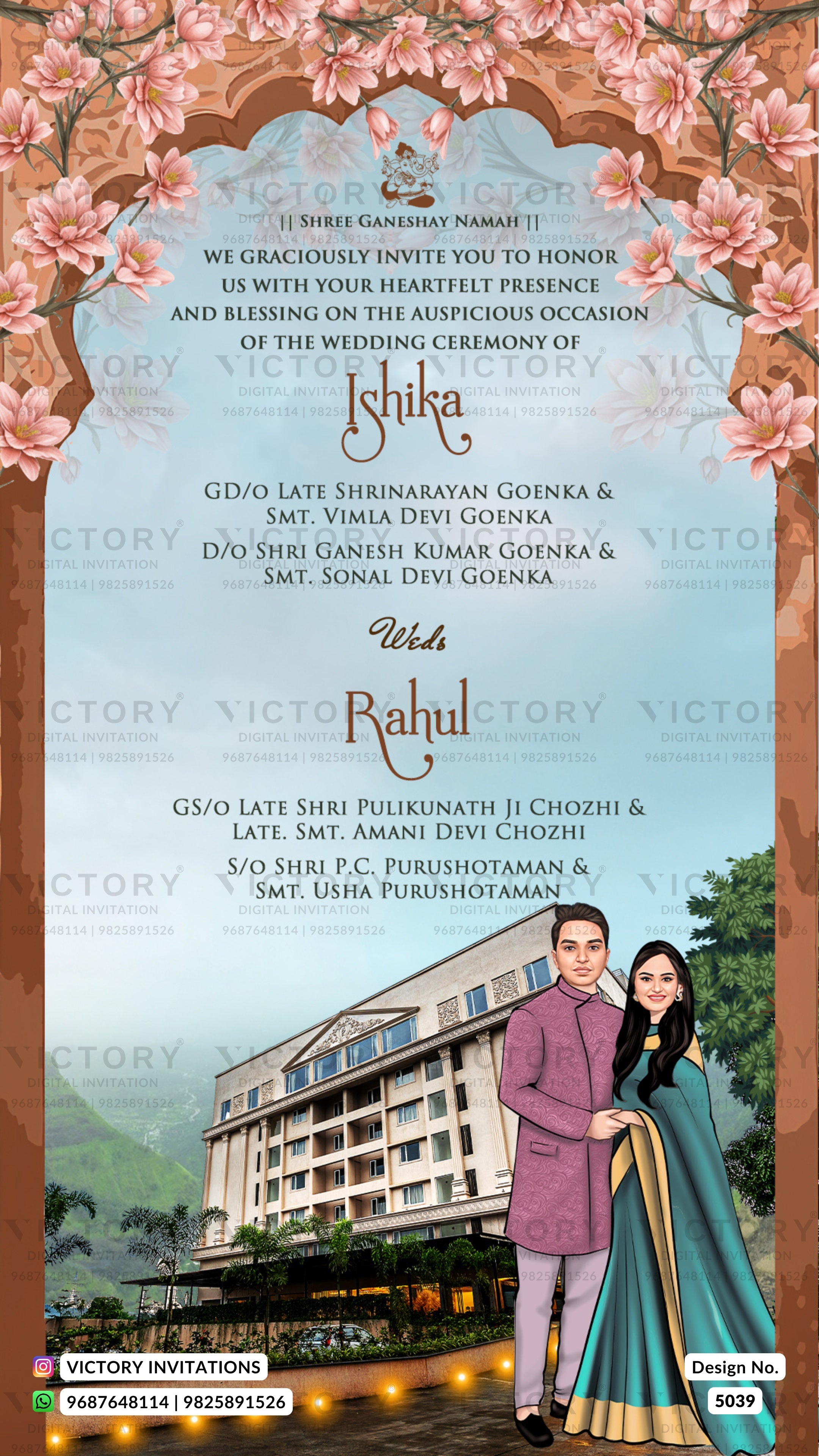 A digital wedding invitation card featuring a traditional Indian design with pink floral arches, a light blue central background with elegant gold and brown text, and an illustration of a wedding couple in traditional attire standing in front of a wedding hall.