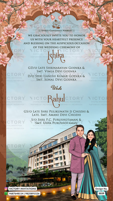 A digital wedding invitation card featuring a traditional Indian design with pink floral arches, a light blue central background with elegant gold and brown text, and an illustration of a wedding couple in traditional attire standing in front of a wedding hall.