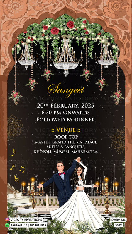 A digital wedding invitation card for 'Sangeet' featuring a dark black background with elegant gold typography, a decorative arch with hanging chandeliers and greenery, and a couple in formal wedding attire at the bottom.