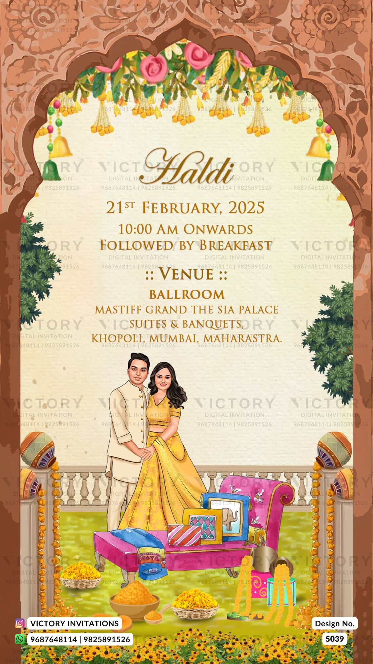 A festive Haldi invitation card design with an ornate arch border, floral garlands, and illustrated couple in traditional Indian attire standing beside a decorated cart. Text details the event date, time, and venue in a ballroom.
