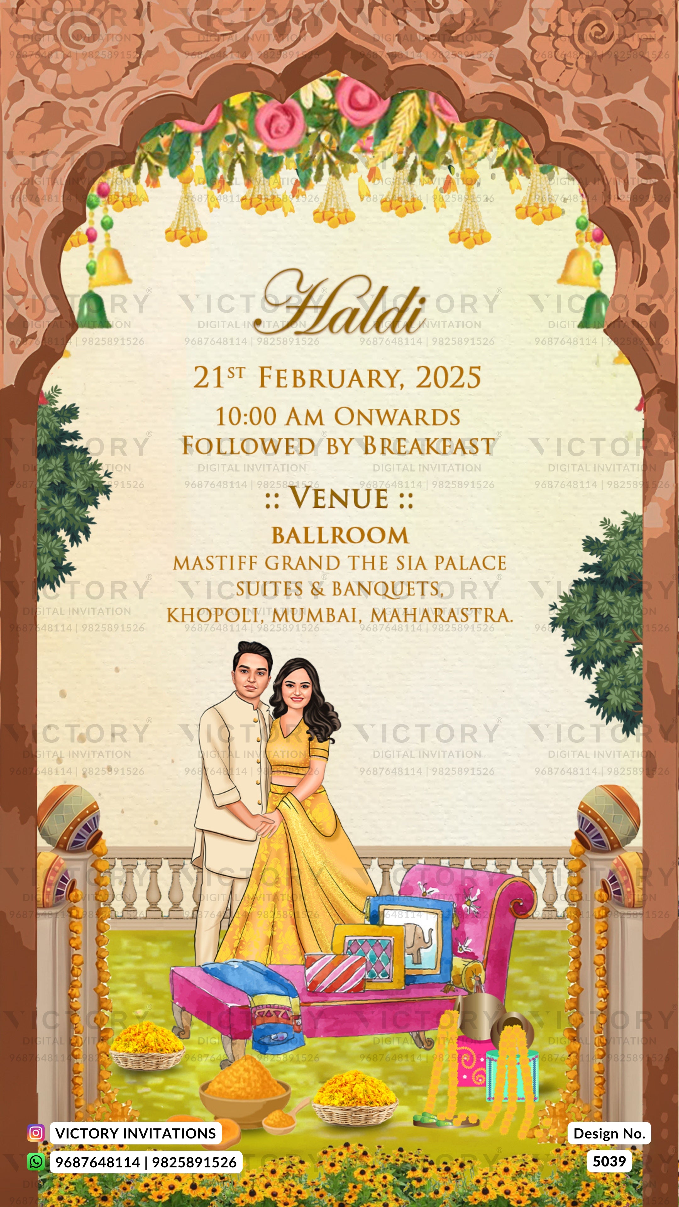 A festive Haldi invitation card design with an ornate arch border, floral garlands, and illustrated couple in traditional Indian attire standing beside a decorated cart. Text details the event date, time, and venue in a ballroom.