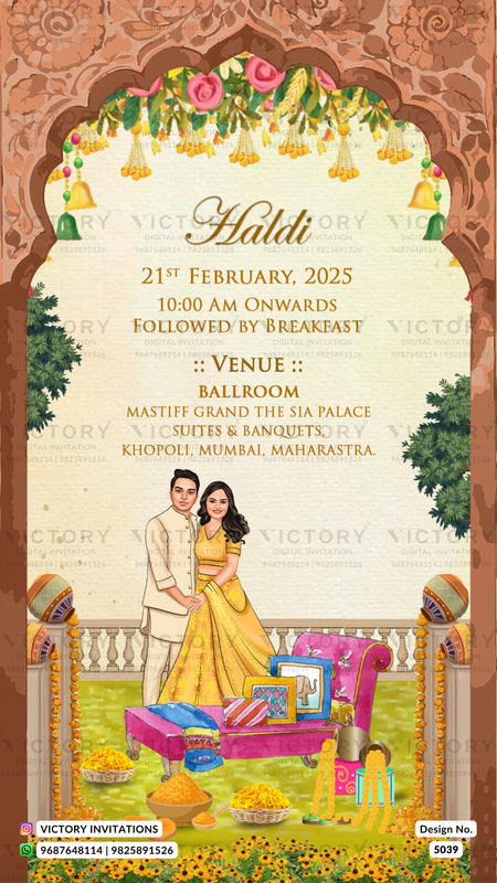 A festive Haldi invitation card design with an ornate arch border, floral garlands, and illustrated couple in traditional Indian attire standing beside a decorated cart. Text details the event date, time, and venue in a ballroom.