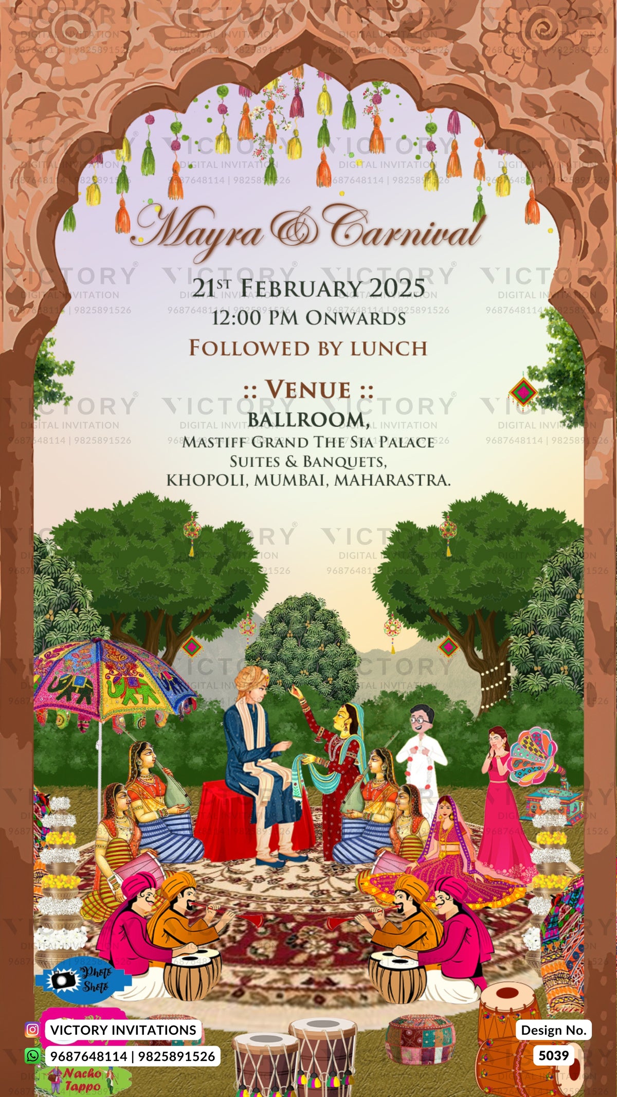 A colorful Mayra & Carnival wedding invitation card featuring an ornate arched border, event text in the center, and a whimsical illustration of a festive outdoor scene with people, animals, and traditional decorations.