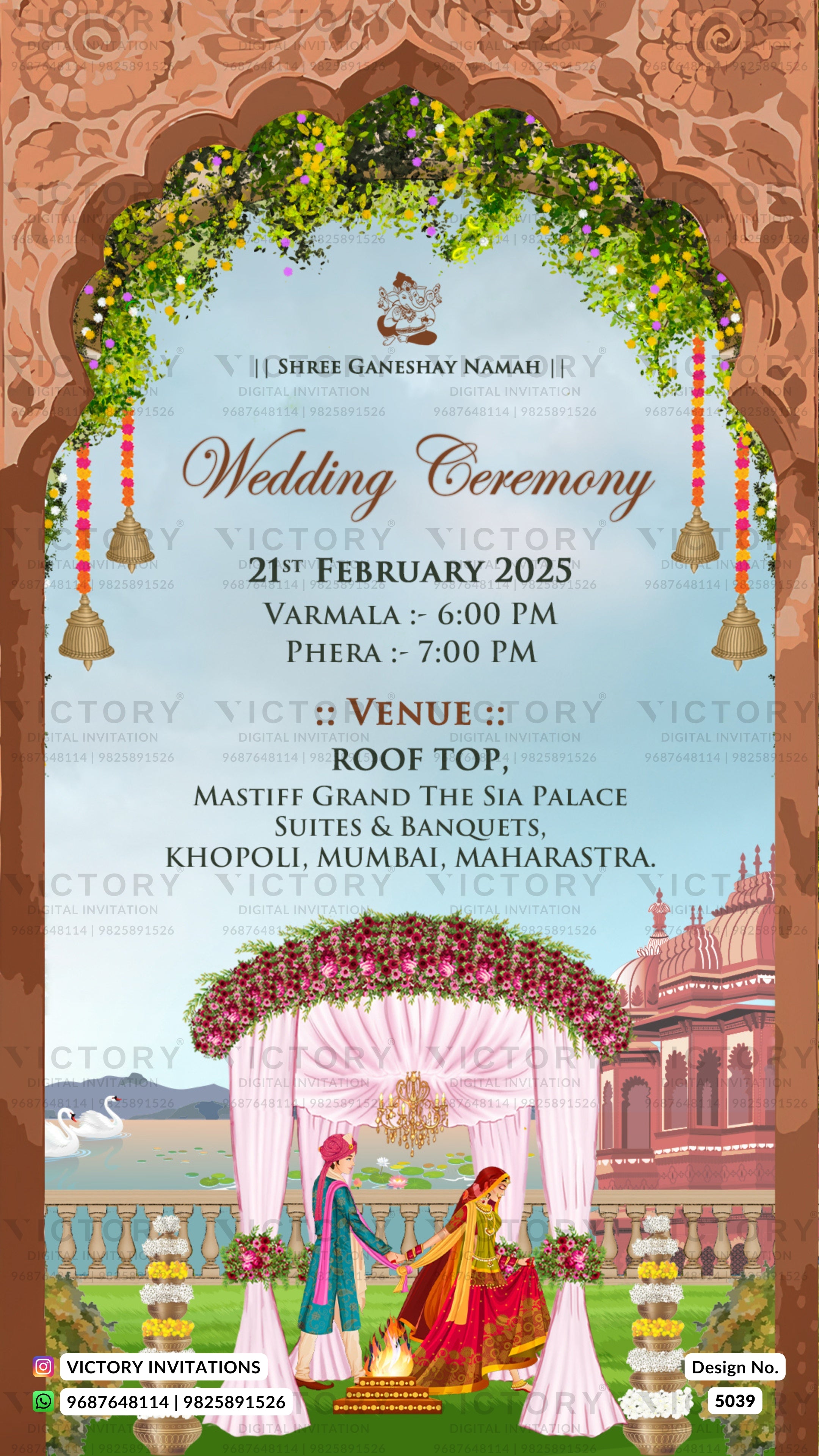 A digital Indian wedding invitation card template featuring an ornate archway design with green garlands, hanging bells, and a traditional wedding scene at the bottom with a bride and groom under a pink drape in front of a palace backdrop.