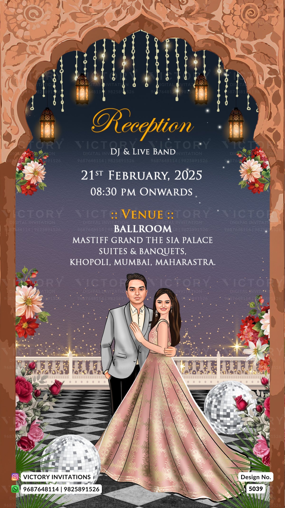 A decorative wedding reception invitation card with an ornate arch frame, dark blue background, hanging lanterns, floral borders, and an illustrated couple in formal wear. Text reads 'Reception', 'DJ & Live Band', date, time, venue, and ballroom.