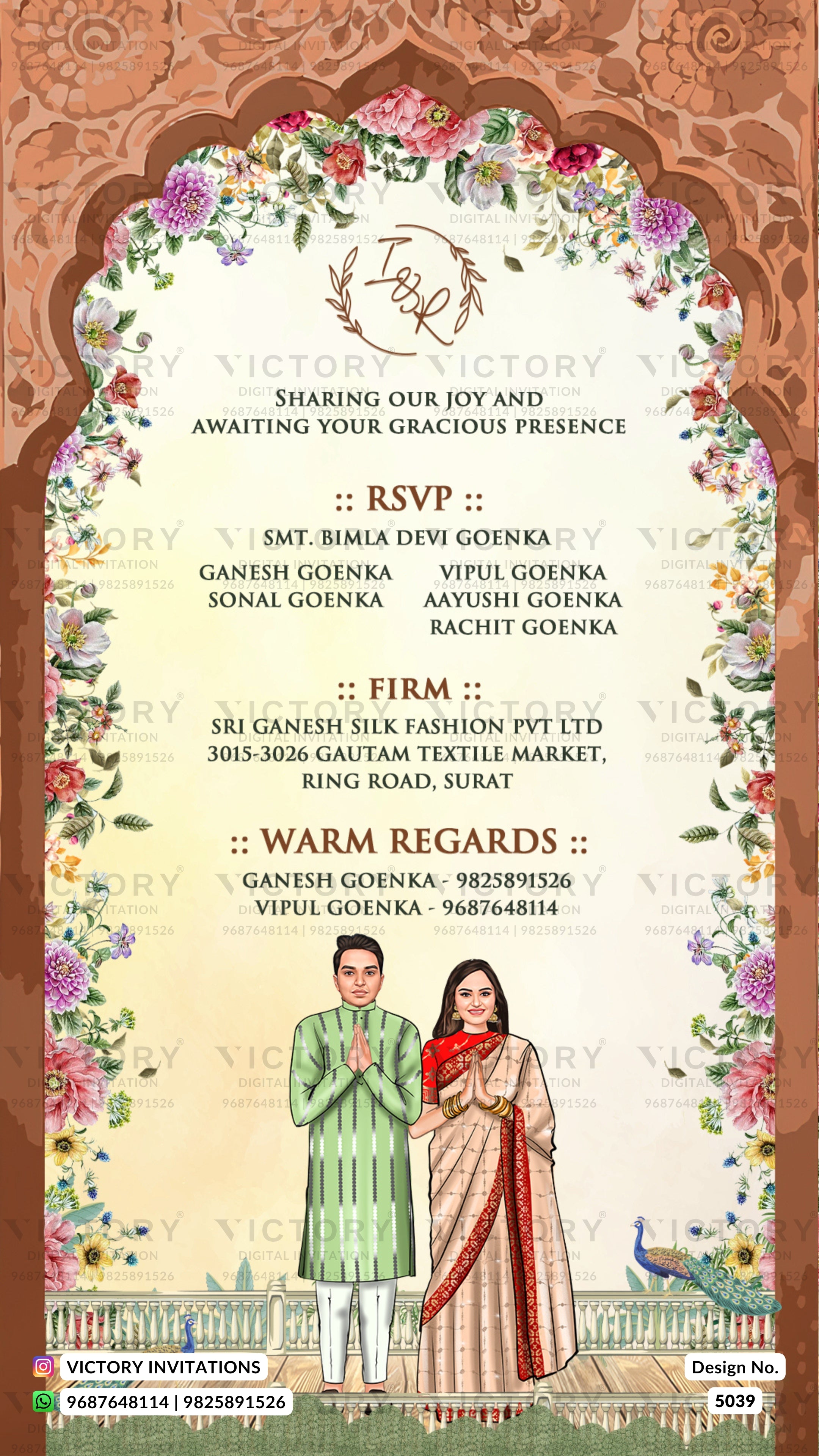 A digital preview of a traditional Indian wedding invitation card from Victory Invitations. The card features an ornate arch design with a floral border, a central cream-colored background with elegant text, and an illustration of a groom in a green kurta and a bride in a red saree at the bottom.