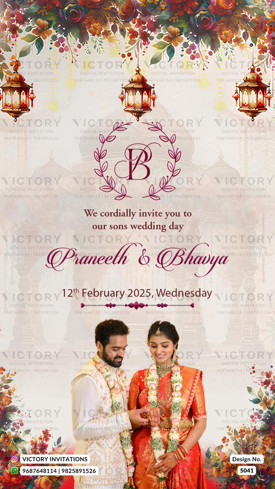 Wedding ceremony invitation card of hindu south Indian telugu  family in english language with floral theme design 5041