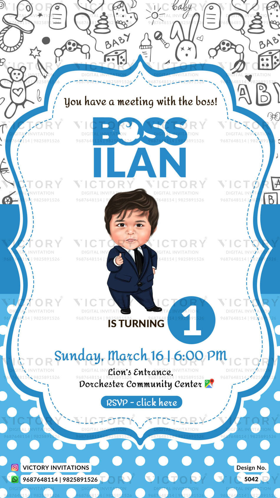 Baby boy caricature invitation card for boy Birthday party in English language with cartoon as playful theme design 5042