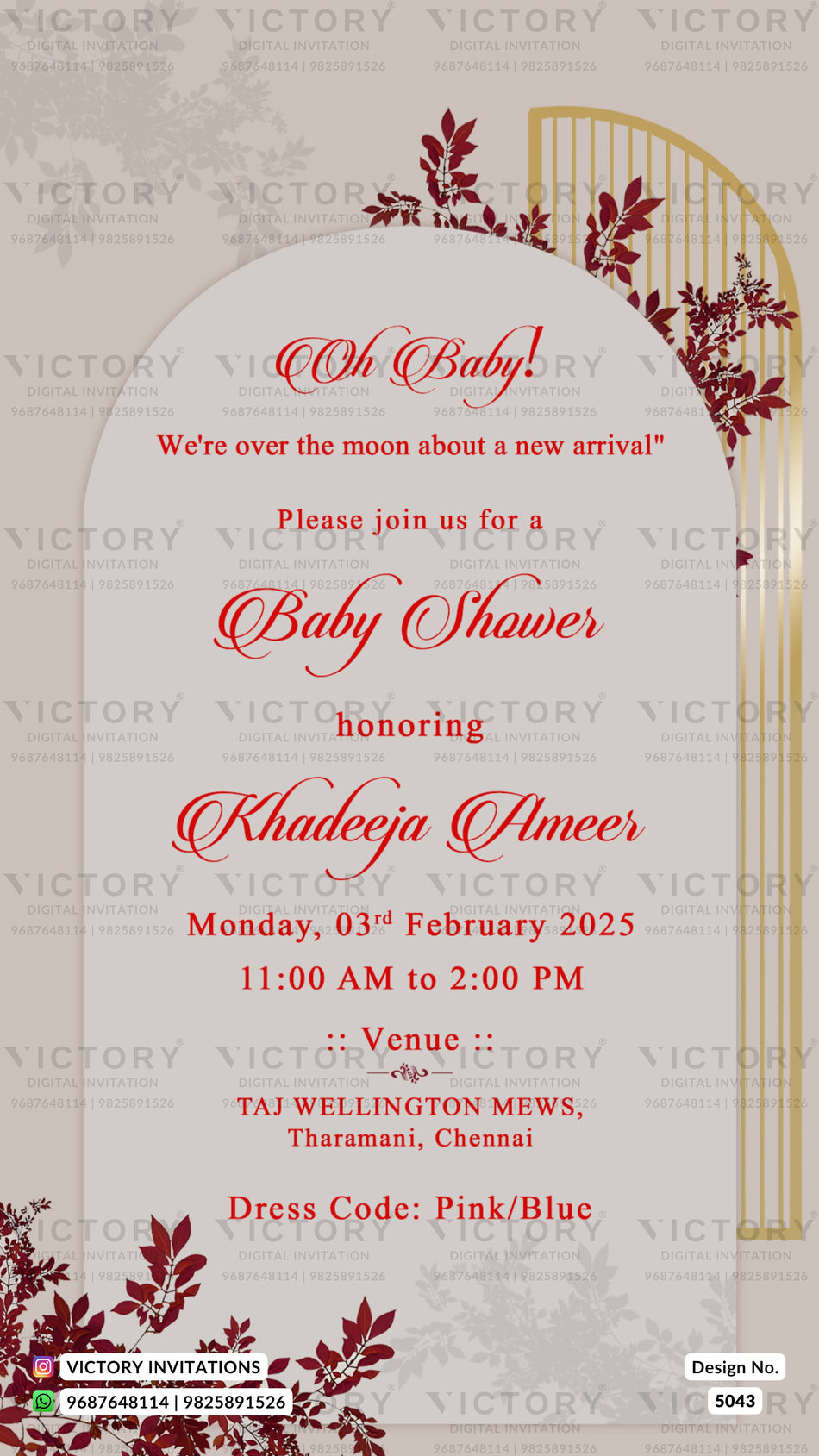 Baby shower invitation card with a cream background, red script text, and red floral corner accents. The design features an arched top section with the message 'Oh Baby! We're over the moon about a new arrival!' and details for a baby shower honoring Khadega Aimeer, with venue and dress code listed below.