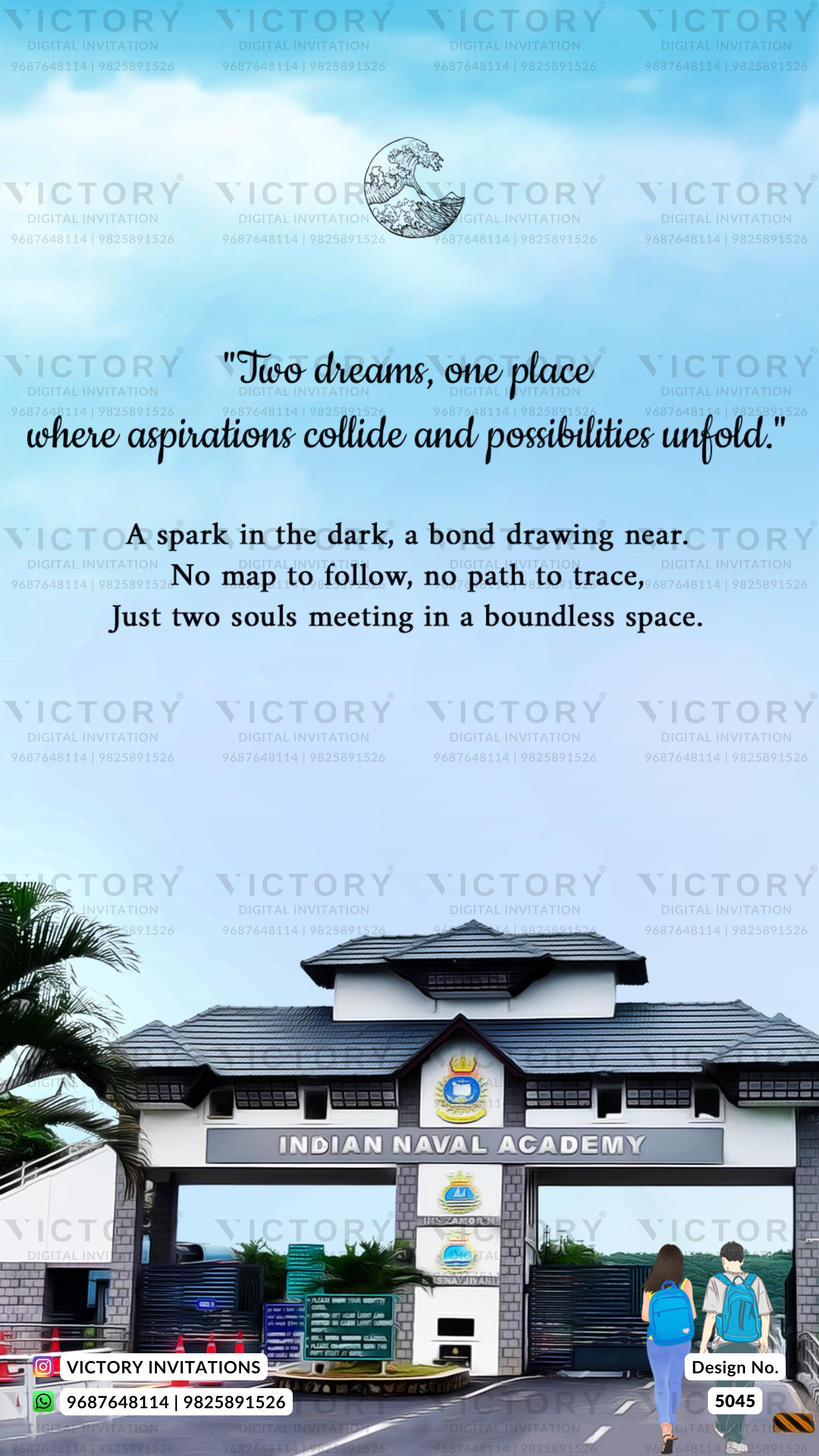 A custom invitation card design featuring a quote about dreams and aspirations, set against a sky background above an illustration/photo of the Indian Naval Academy gate. The bottom shows a photo of two students walking in front of the academy gate.