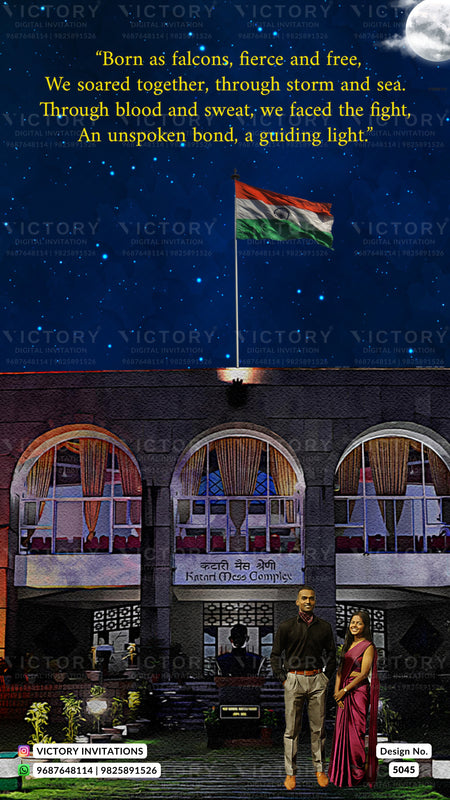 A wedding invitation card design featuring a night sky with the Indian flag flying above a building facade with arched windows. Yellow text at the top reads a poetic battle quote, and two people are standing in the foreground.