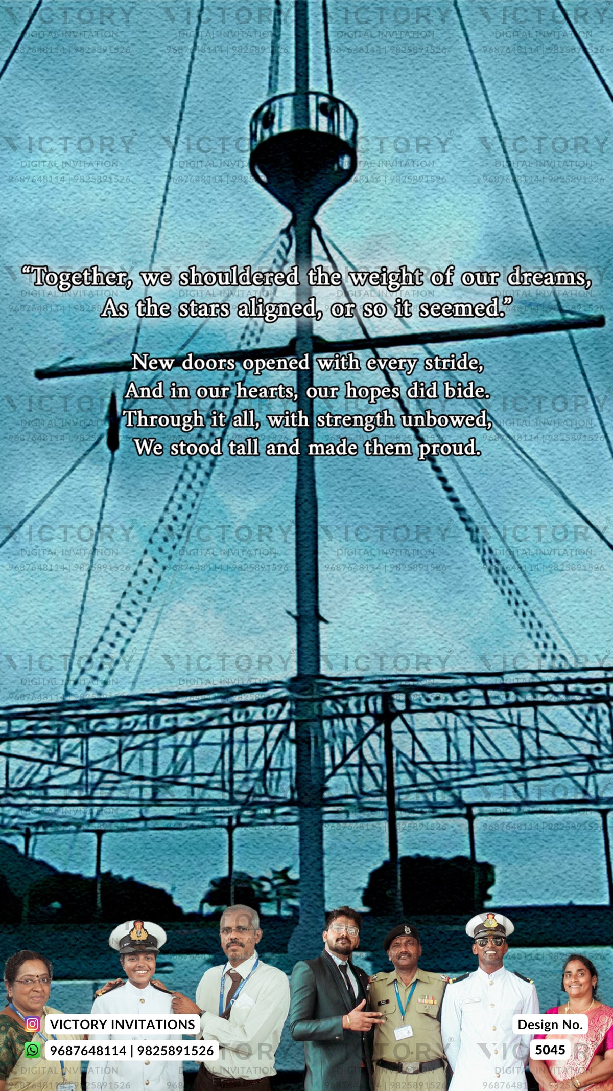 A custom ship-themed wedding invitation card featuring a photograph of a tall ship's mast against a blue sky, with a block of inspirational poetry in the center and a group of seven couples standing at the bottom. The card has a light blue textured background with a repeating 'VICTORY' watermark.