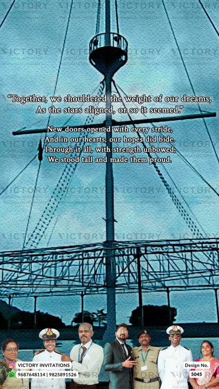 A custom ship-themed wedding invitation card featuring a photograph of a tall ship's mast against a blue sky, with a block of inspirational poetry in the center and a group of seven couples standing at the bottom. The card has a light blue textured background with a repeating 'VICTORY' watermark.