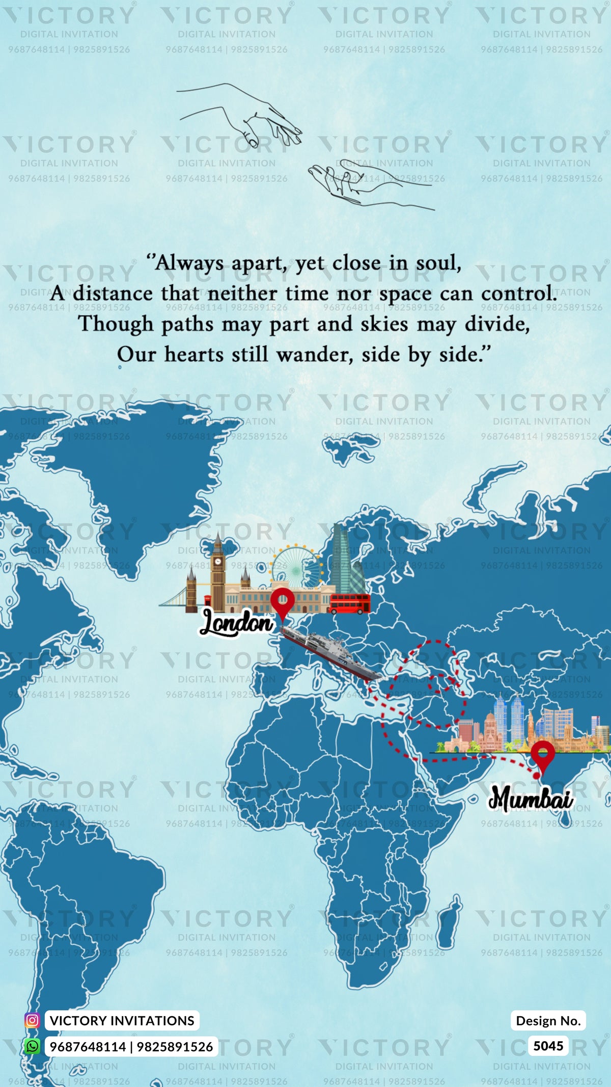 A travel-themed world map invitation design featuring London and Mumbai with illustrated landmarks, red pins, and a quote in the center on a light blue background with repeated Victory watermarks.