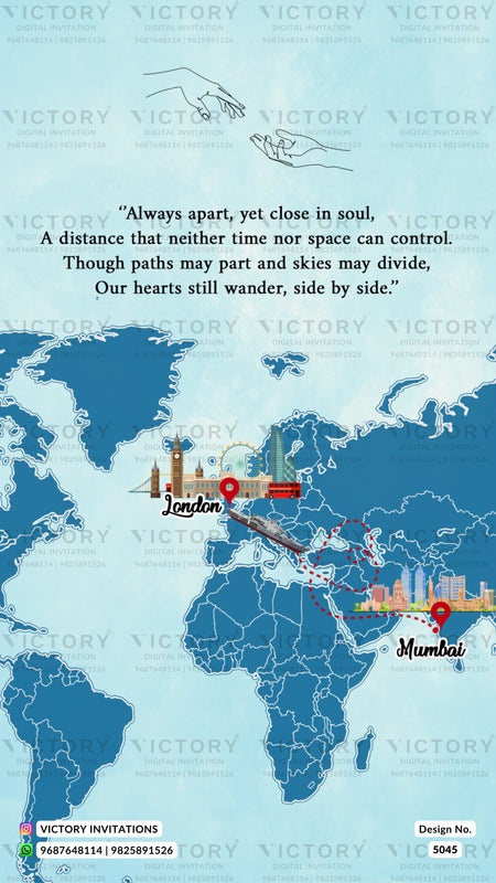 A travel-themed world map invitation design featuring London and Mumbai with illustrated landmarks, red pins, and a quote in the center on a light blue background with repeated Victory watermarks.
