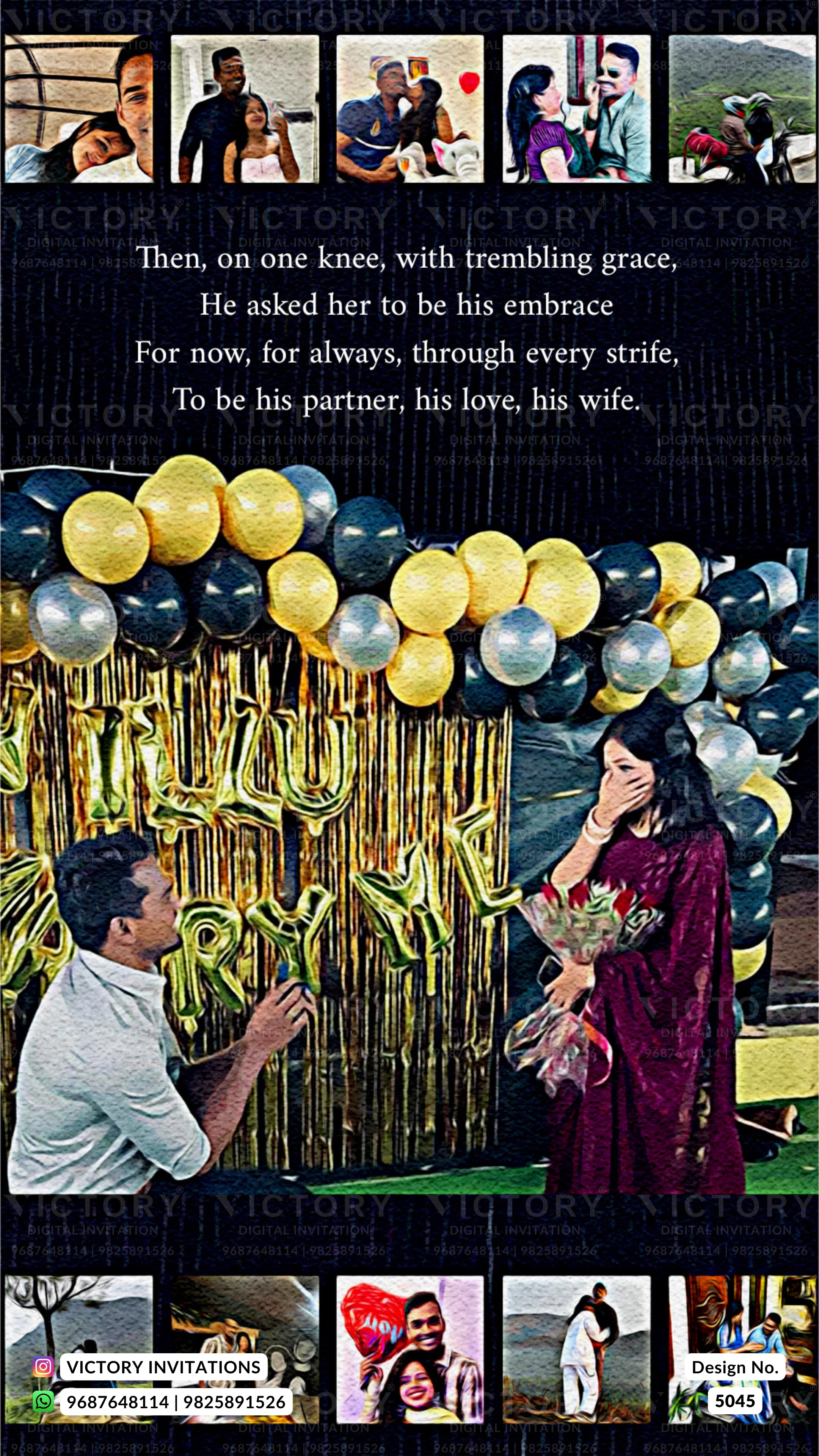 A custom photo collage invitation card for a wedding, featuring a central scene of a man kneeling and proposing to a woman in a red dress in front of a gold tinsel 'Love Marriage' backdrop with gold, black, and silver balloons. The top and bottom borders contain small photos of couples and a printed poem.