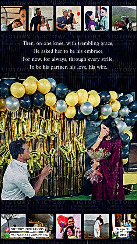 A custom photo collage invitation card for a wedding, featuring a central scene of a man kneeling and proposing to a woman in a red dress in front of a gold tinsel 'Love Marriage' backdrop with gold, black, and silver balloons. The top and bottom borders contain small photos of couples and a printed poem.