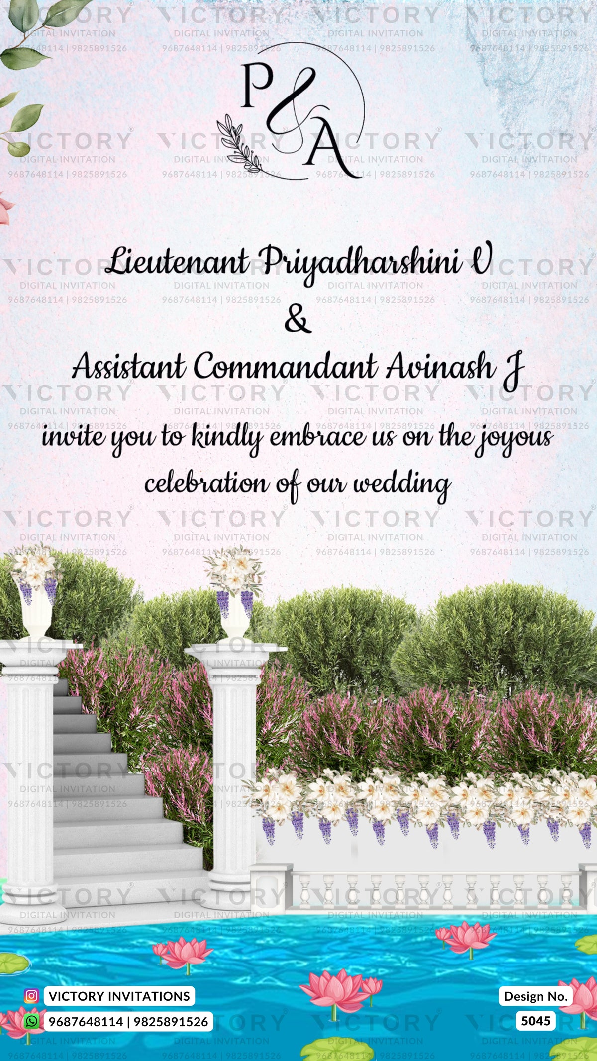 A wedding invitation card design featuring a garden pathway with white pillars, pink and purple flowers, and a blue pool at the bottom. The top section has a pale blue background with the text 'Lieutenant Priyadharshini V & Assistant Commandant Avinash J invite you to kindly embrace us on the joyous celebration of our wedding' and a 'P&L' monogram.
