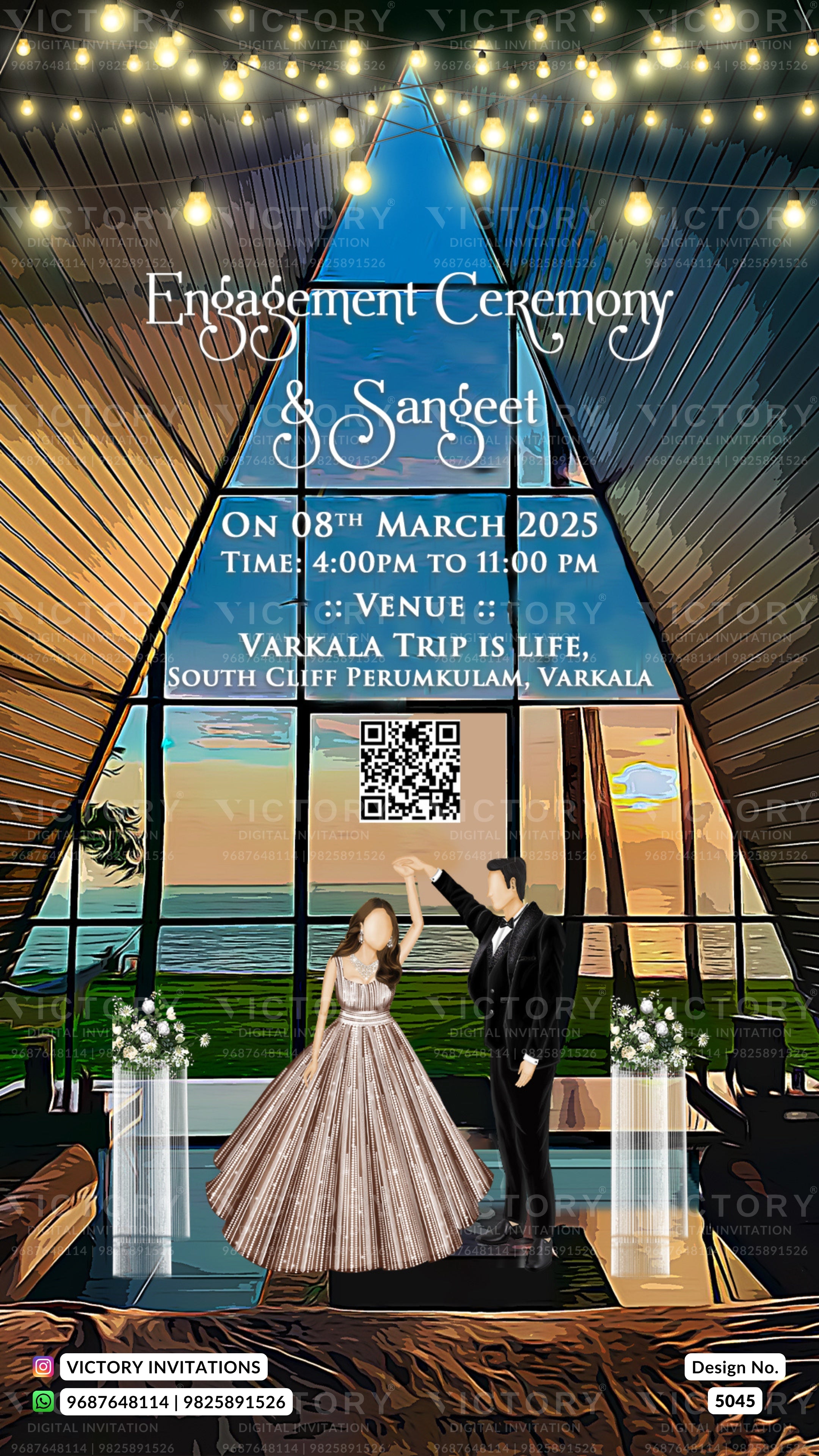 Engagement ceremony invitation card for Sangeet, featuring a couple dancing in front of a large A-frame window with a sunset view. The text details the event date, time, and venue in Varkala, with decorative string lights and a QR code.