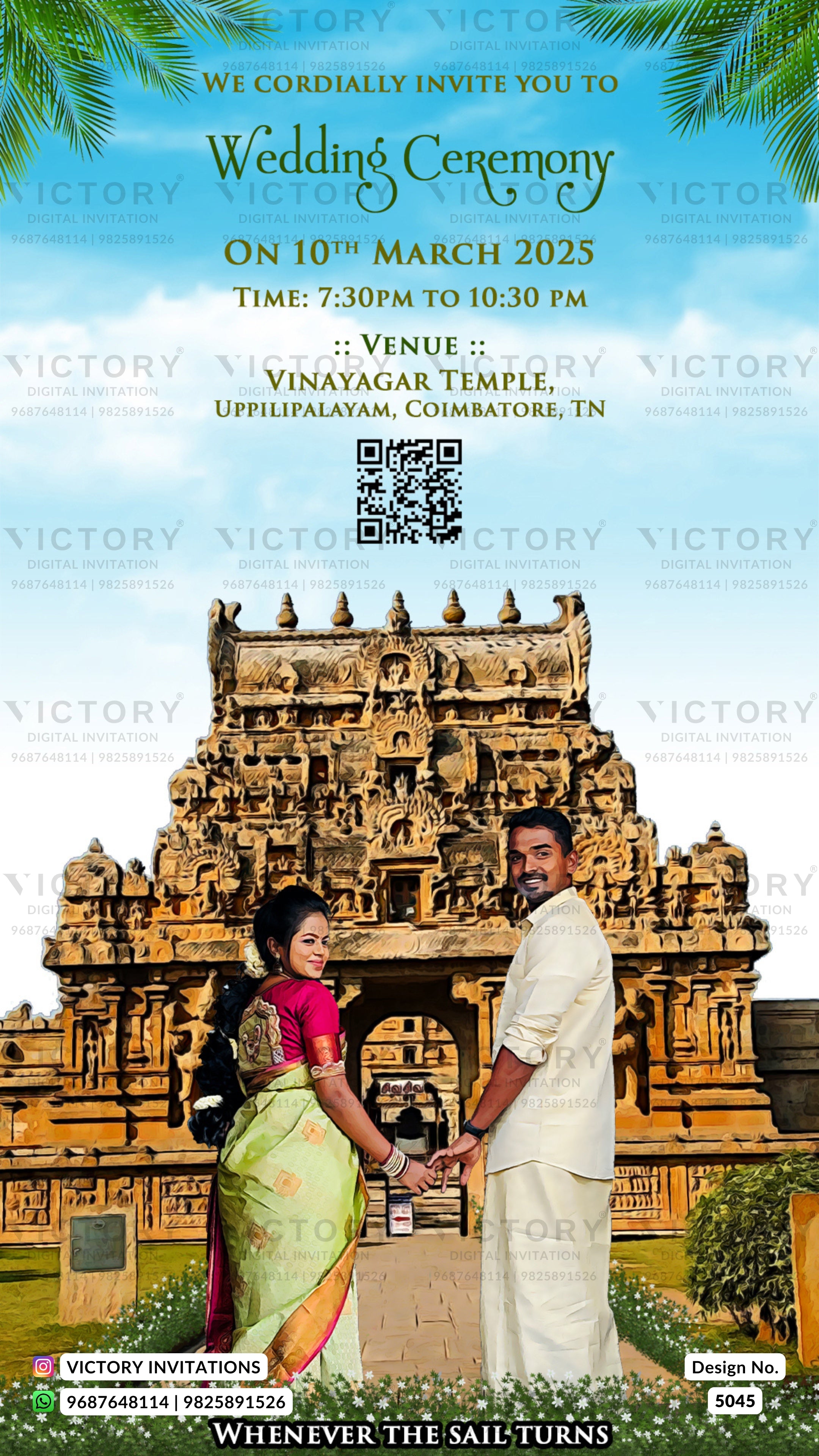 A digital wedding invitation card featuring a traditional South Indian temple illustration, a bride in a pink and green saree, and a groom in a white kurta, with event details and the brand name Victory Invitations.