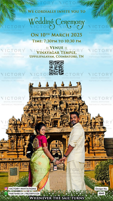 A digital wedding invitation card featuring a traditional South Indian temple illustration, a bride in a pink and green saree, and a groom in a white kurta, with event details and the brand name Victory Invitations.