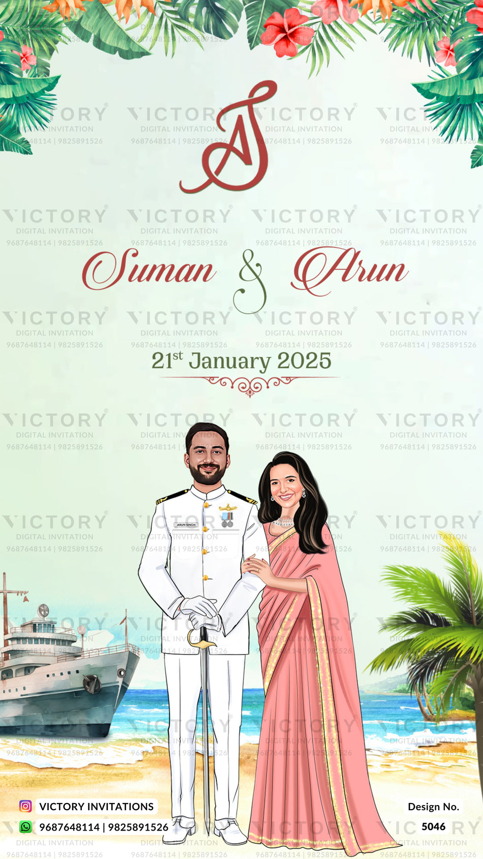 Navy couple caricature invitation card for wedding ceremony of punjabi haryanvi family in english language with beach theme design 5046