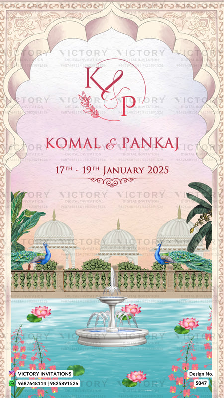 Indian wedding invitation card design featuring an ornate arched frame, a pink and beige sky background, and a watercolor-style garden scene with a fountain, peacocks, pink lotus flowers, and domed buildings. The names 'KOMAL & PANKAJ' and dates '17TH - 19TH JANUARY 2025' are printed in the center, with 'VICTORY INVITATIONS' watermarked across the design.