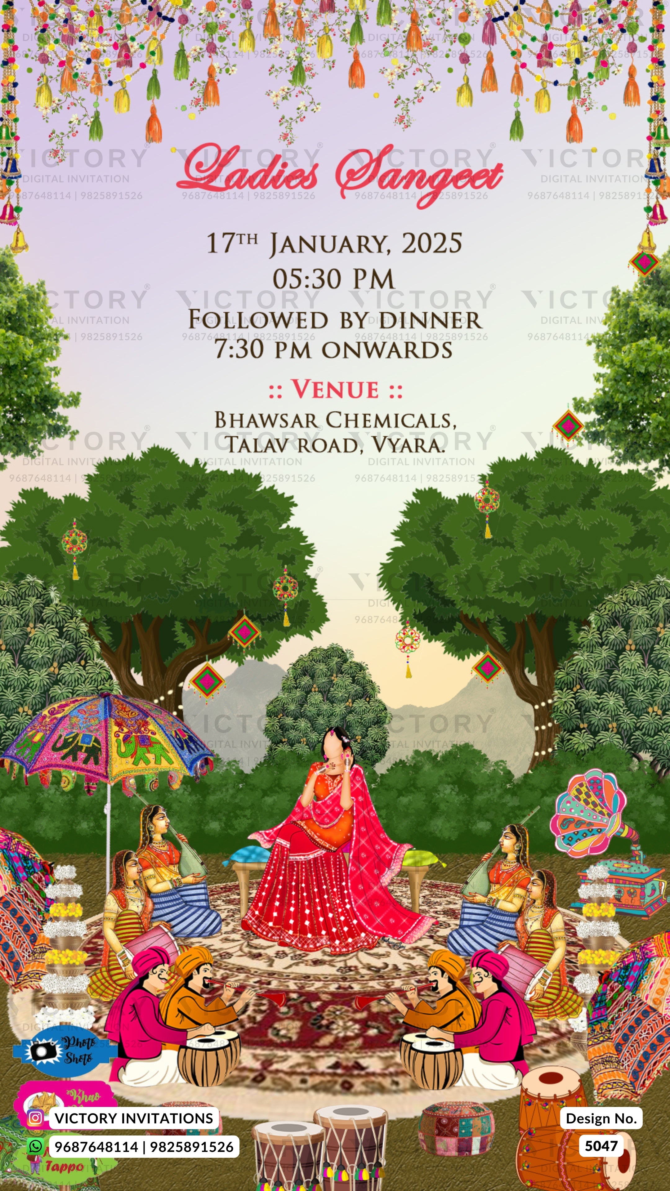 A festive illustrated invitation card for a 'Lady's Sangeet' event. The top half features a light lavender background with red script text detailing the date, time, venue, and follow-by-dinner schedule, decorated with hanging colorful ornaments.