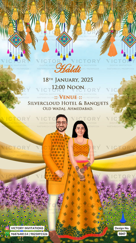 A festive Haldi invitation card design featuring a couple in traditional Indian attire, with hanging tassel decorations, palm leaves, and a purple flower field background. The text details the event date, time, and venue.