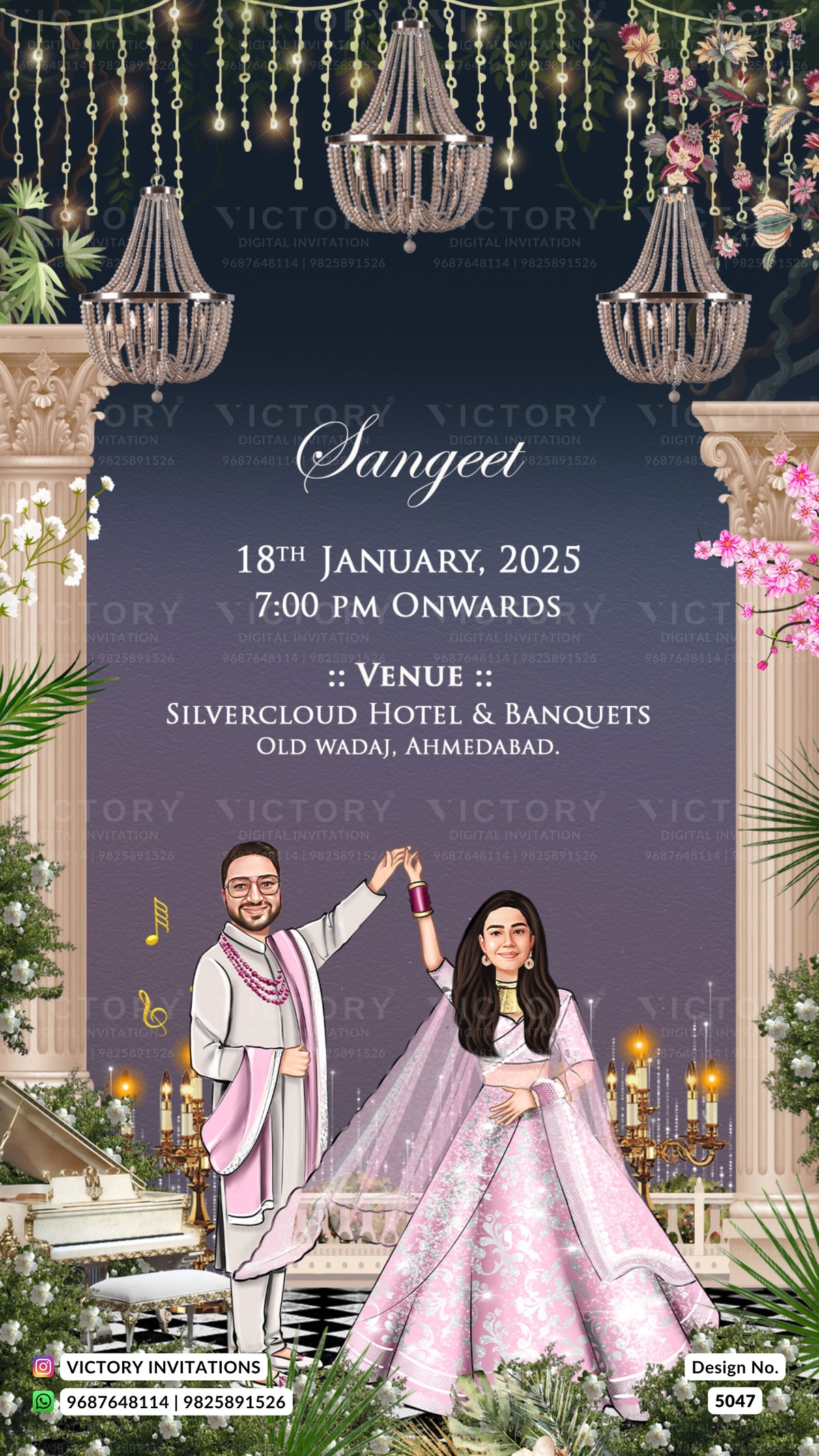 Custom digital wedding invitation card featuring an illustrated groom in a white and pink kurta and a bride in a pink floral lehenga, set against a dark blue background with hanging chandeliers, floral arches, and event details.