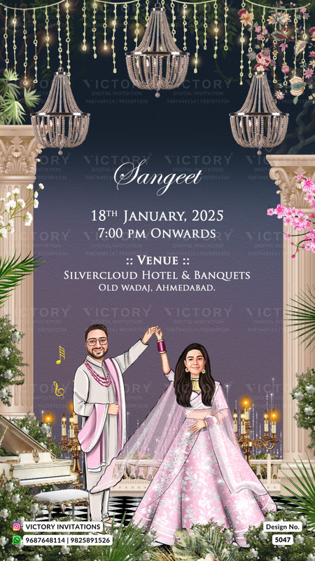 Custom digital wedding invitation card featuring an illustrated groom in a white and pink kurta and a bride in a pink floral lehenga, set against a dark blue background with hanging chandeliers, floral arches, and event details.