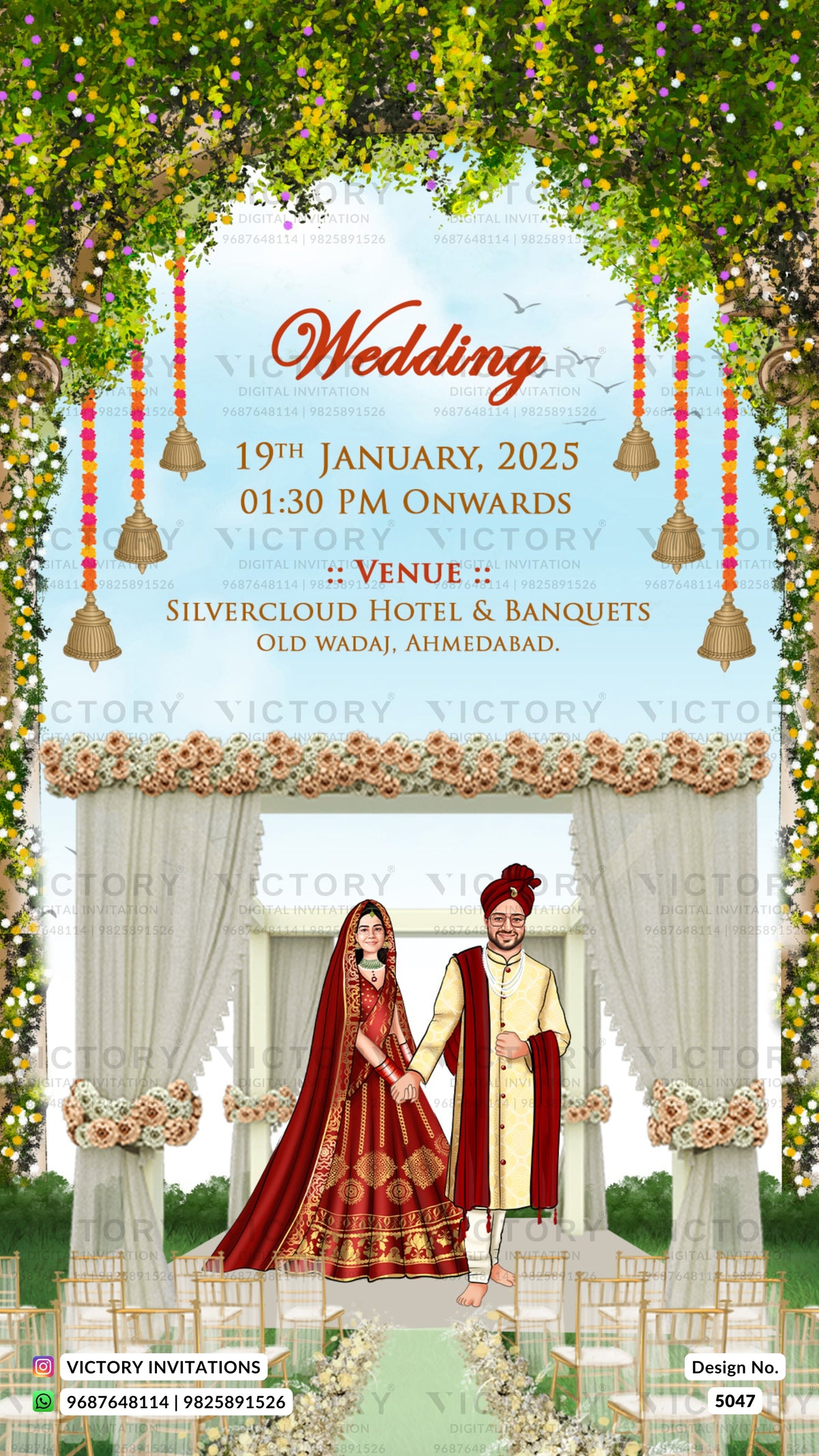 A digital wedding invitation template featuring a traditional South Asian wedding scene. The design has a light blue sky background with green leafy vines hanging from the top corners, gold hanging bells, and a central white arch decorated with flowers.