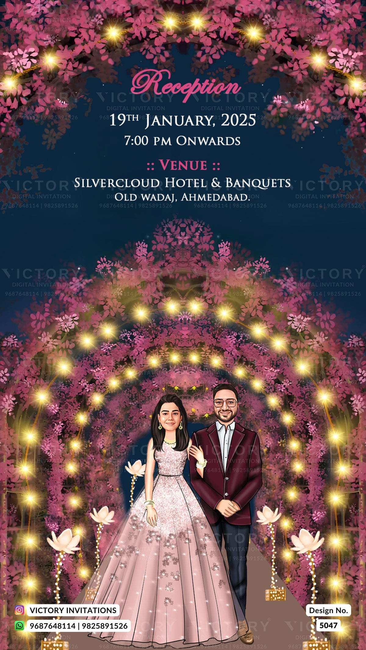 A digital invitation card for a wedding reception, featuring a dark navy blue background decorated with pink cherry blossom arches, glowing warm yellow string lights, and a couple in formal wedding attire at the bottom center. The text details the reception date, time, and venue.