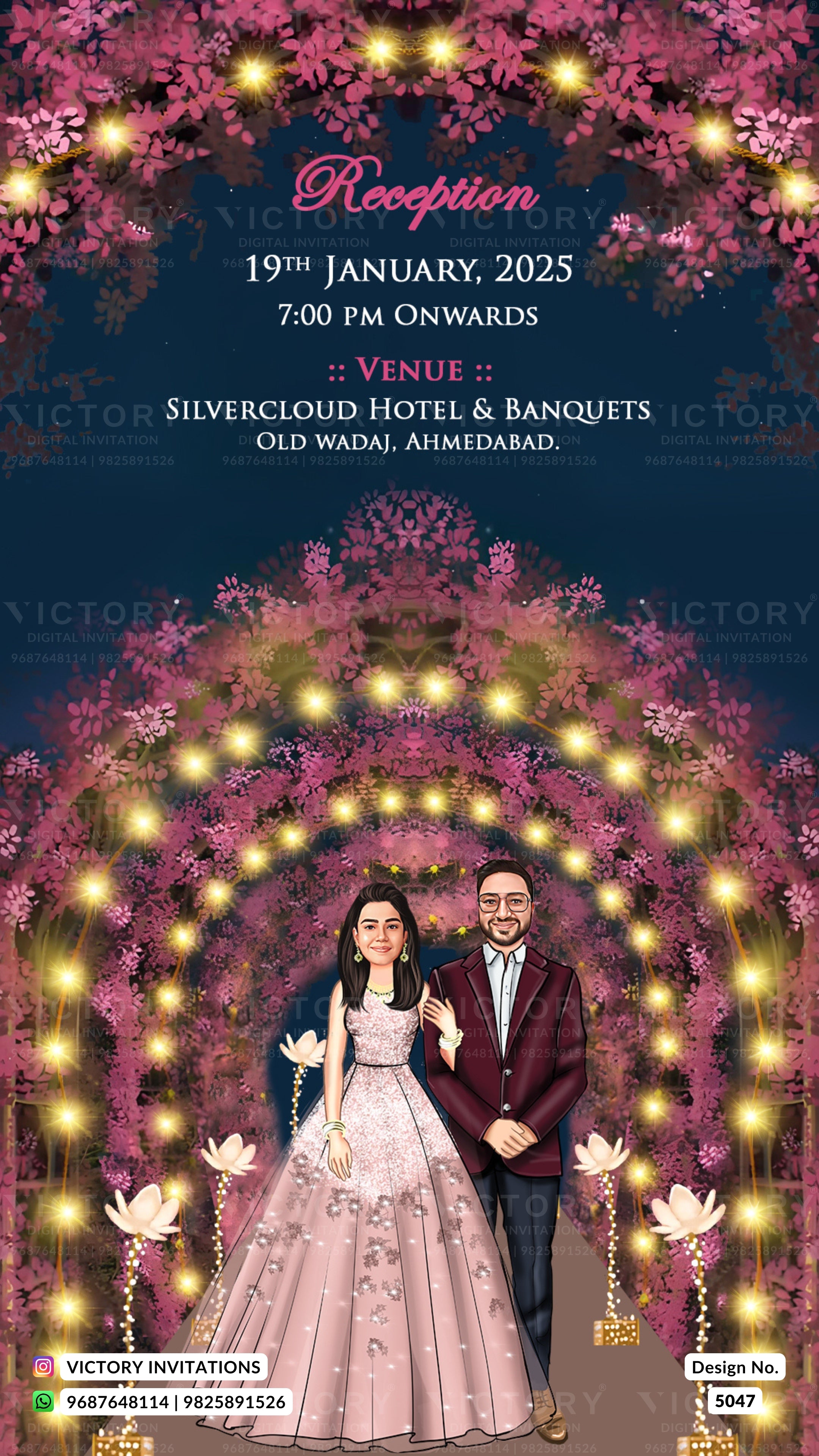 A digital invitation card for a wedding reception, featuring a dark navy blue background decorated with pink cherry blossom arches, glowing warm yellow string lights, and a couple in formal wedding attire at the bottom center. The text details the reception date, time, and venue.