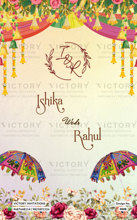 A digital Indian wedding invitation card design featuring a cream background, decorated with a floral garland at the top, hanging bells, two colorful traditional umbrellas at the bottom, and elegant script text reading 'Ishika Weds Rahul' with an 'I' and 'R' monogram.