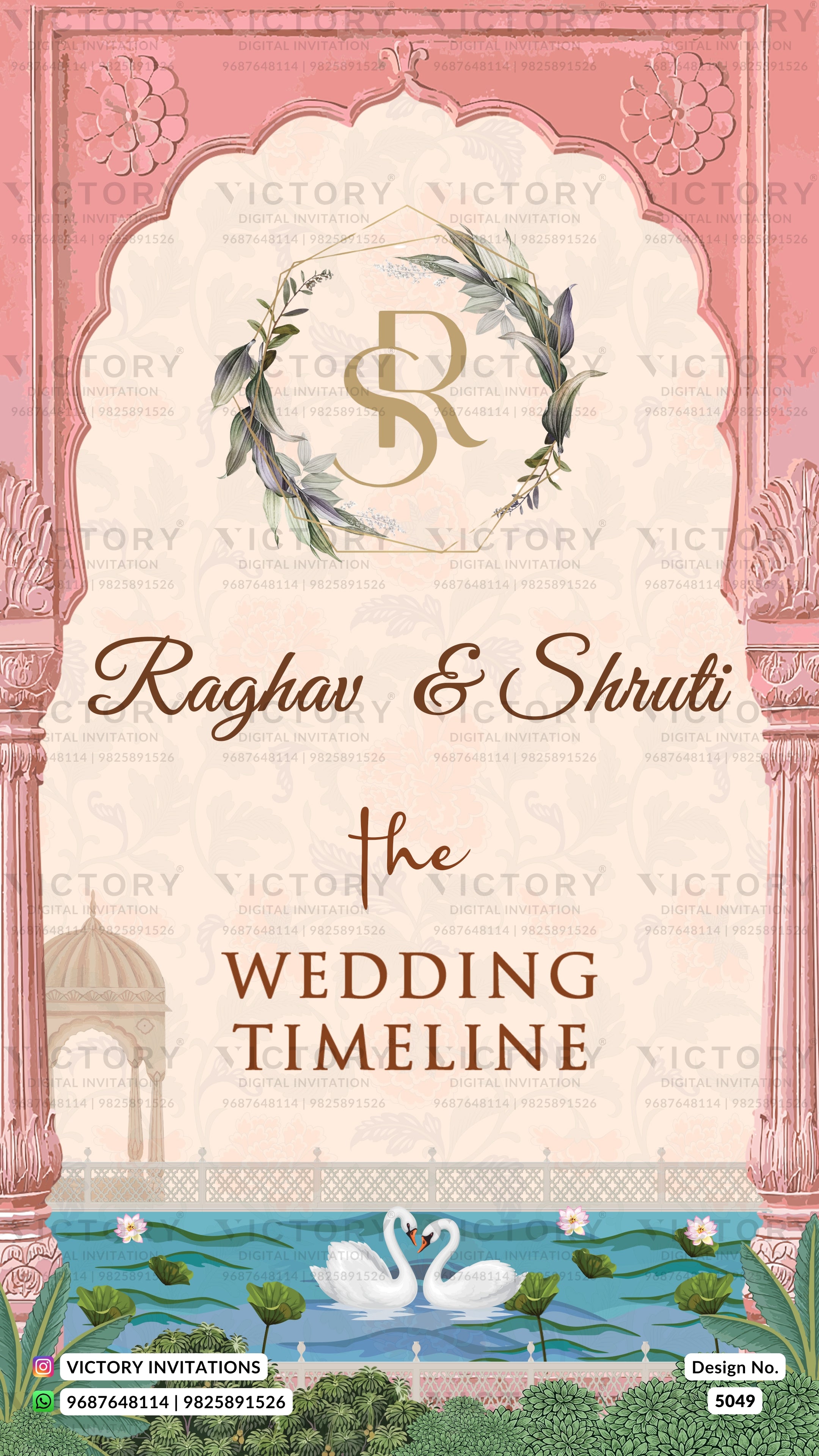 A wedding timeline invitation card design featuring a pink arched border, a central cream panel with the names 'Raghav & Shruti' and 'the WEDDING TIMELINE' in elegant typography, a floral monogram 'RS' at the top, and an illustrated pond scene with swans and lily pads at the bottom.