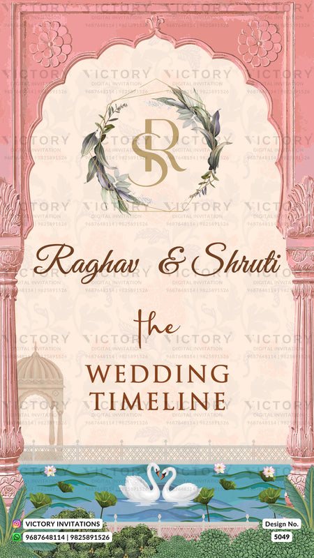 A wedding timeline invitation card design featuring a pink arched border, a central cream panel with the names 'Raghav & Shruti' and 'the WEDDING TIMELINE' in elegant typography, a floral monogram 'RS' at the top, and an illustrated pond scene with swans and lily pads at the bottom.