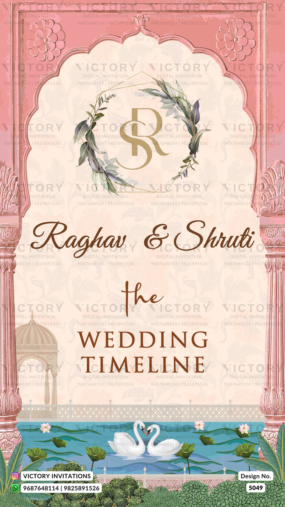 A wedding timeline invitation card design featuring a pink arched border, a central cream panel with the names 'Raghav & Shruti' and 'the WEDDING TIMELINE' in elegant typography, a floral monogram 'RS' at the top, and an illustrated pond scene with swans and lily pads at the bottom.