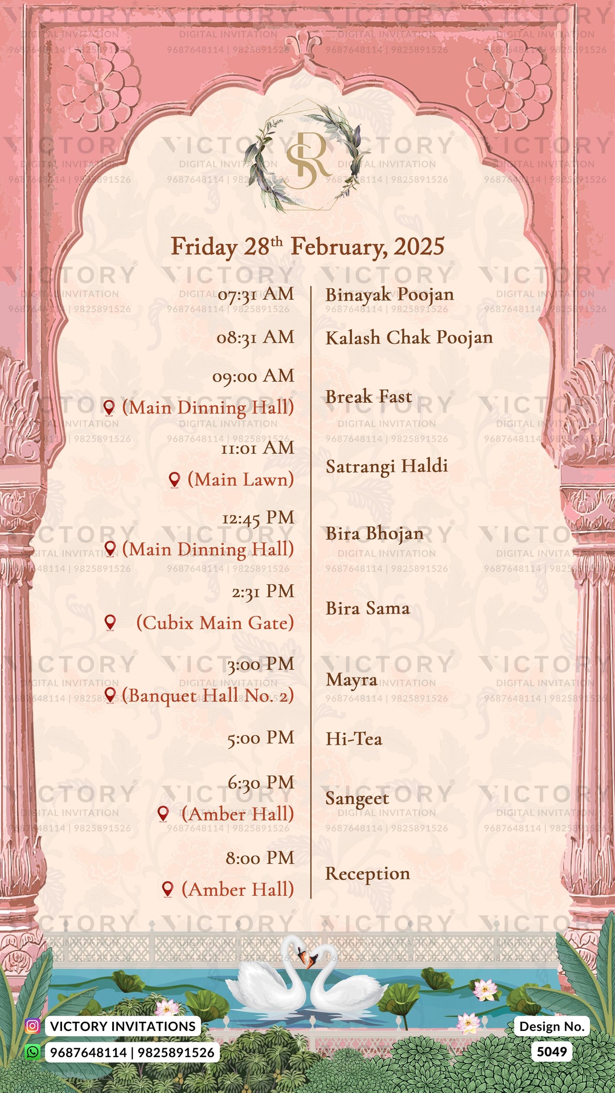 A pink and cream traditional Indian wedding invitation card featuring a detailed daily schedule from Friday 28th February 2025. The card has a decorative pink border, a central cream-colored arch with the 'V' logo of Victory Invitations, and a green and blue floral illustration at the bottom.