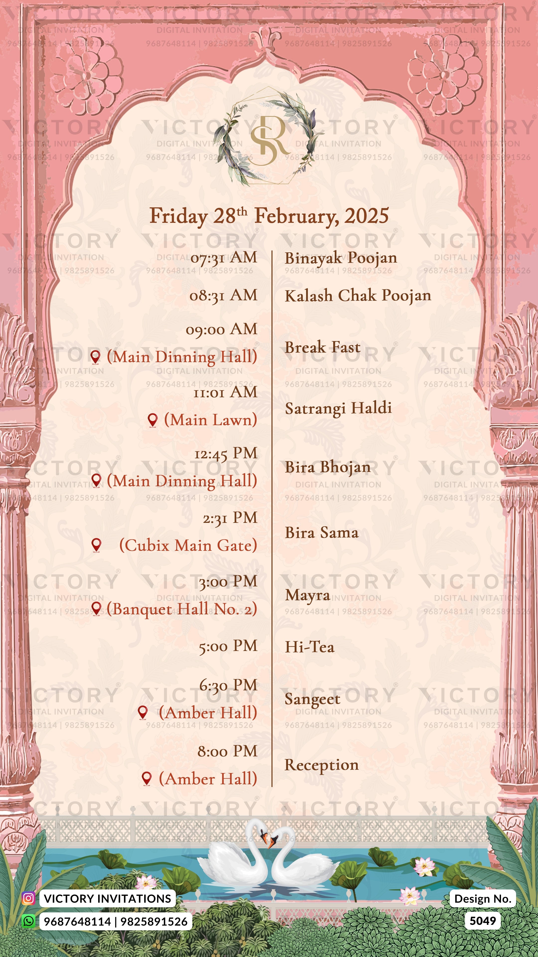 A pink and cream traditional Indian wedding invitation card featuring a detailed daily schedule from Friday 28th February 2025. The card has a decorative pink border, a central cream-colored arch with the 'V' logo of Victory Invitations, and a green and blue floral illustration at the bottom.