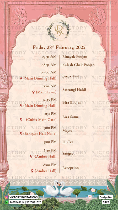 A pink and cream traditional Indian wedding invitation card featuring a detailed daily schedule from Friday 28th February 2025. The card has a decorative pink border, a central cream-colored arch with the 'V' logo of Victory Invitations, and a green and blue floral illustration at the bottom.