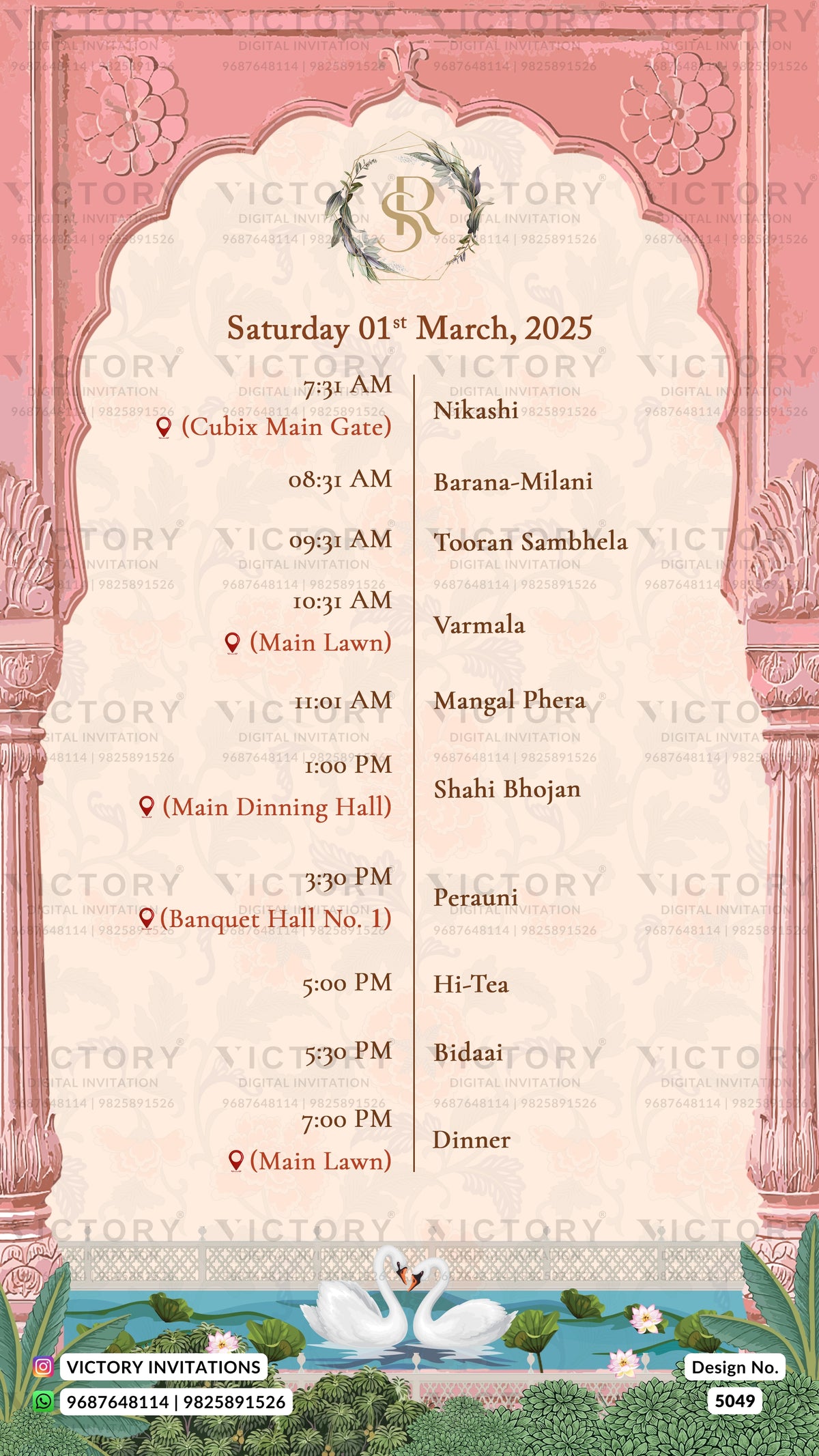 A pink and cream wedding invitation card featuring a detailed daily itinerary for Saturday, 01st March, 2025, from 7 AM to 7 PM, with event details listed under venues and locations. The design includes ornate pink borders, a central floral arch, and a green landscape illustration at the bottom with swans and a fountain.