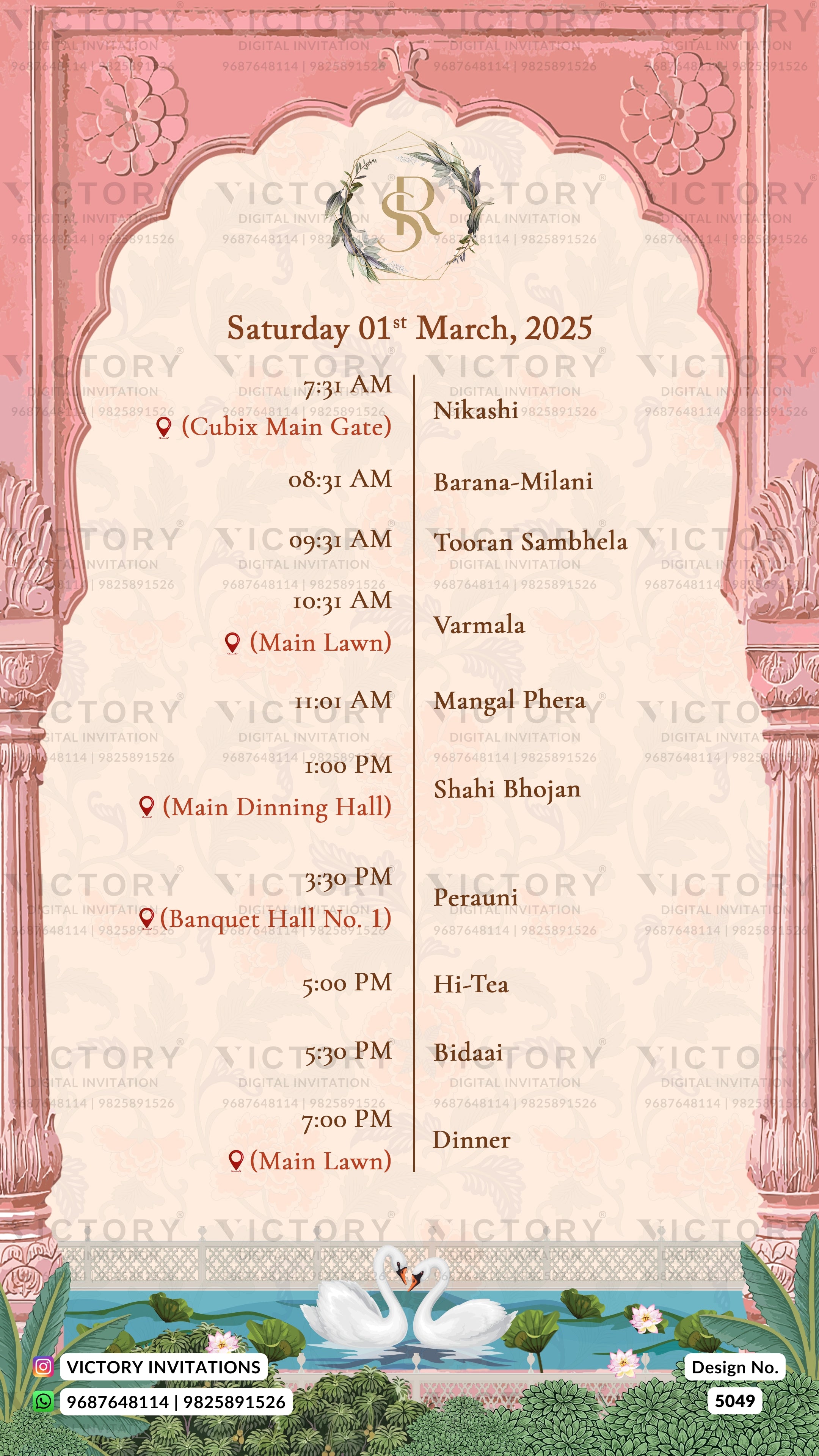 A pink and cream wedding invitation card featuring a detailed daily itinerary for Saturday, 01st March, 2025, from 7 AM to 7 PM, with event details listed under venues and locations. The design includes ornate pink borders, a central floral arch, and a green landscape illustration at the bottom with swans and a fountain.