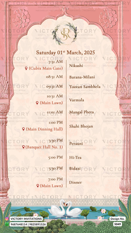 A pink and cream wedding invitation card featuring a detailed daily itinerary for Saturday, 01st March, 2025, from 7 AM to 7 PM, with event details listed under venues and locations. The design includes ornate pink borders, a central floral arch, and a green landscape illustration at the bottom with swans and a fountain.